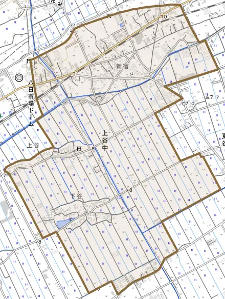 上谷中とその周辺の地図。町の範囲を重ねている