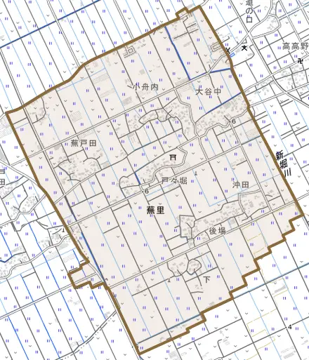 蕪里とその周辺の地図。町の範囲を重ねている