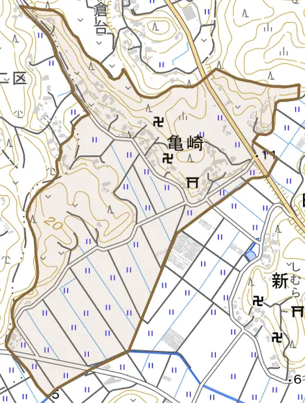亀崎とその周辺の地図。町の範囲を重ねている