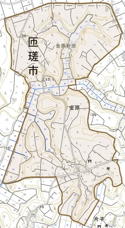金原とその周辺の地図。町の範囲を重ねている