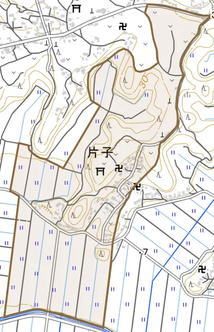 片子とその周辺の地図。町の範囲を重ねている