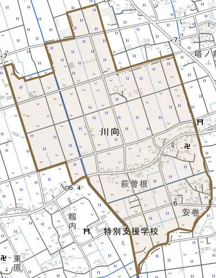 川向とその周辺の地図。町の範囲を重ねている