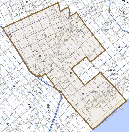 栢田とその周辺の地図。町の範囲を重ねている