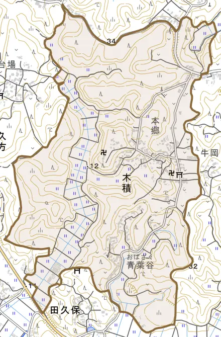 木積とその周辺の地図。町の範囲を重ねている