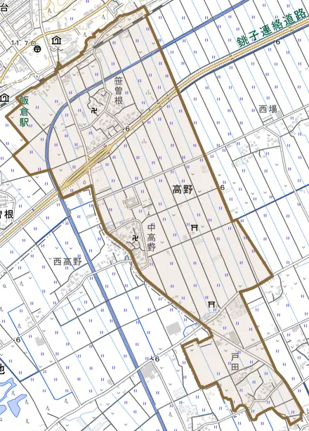 高野とその周辺の地図。町の範囲を重ねている