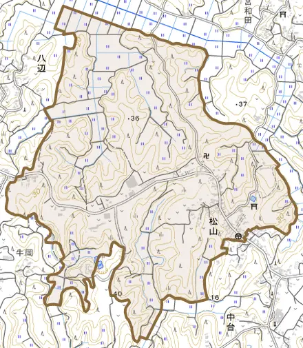 松山とその周辺の地図。町の範囲を重ねている