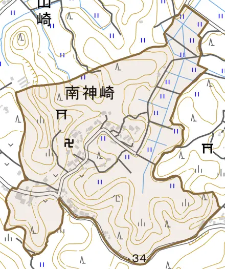 南神崎とその周辺の地図。町の範囲を重ねている