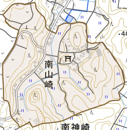 南山崎とその周辺の地図。町の範囲を重ねている