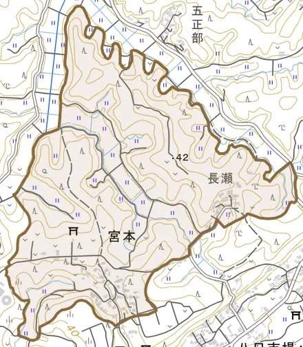 宮本とその周辺の地図。町の範囲を重ねている