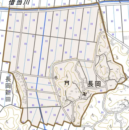長岡とその周辺の地図。町の範囲を重ねている