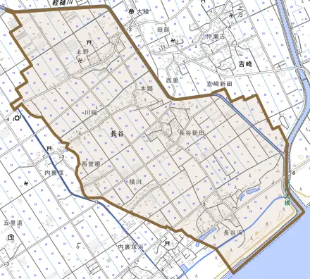 長谷とその周辺の地図。町の範囲を重ねている