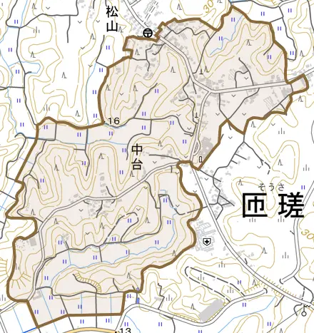中台とその周辺の地図。町の範囲を重ねている