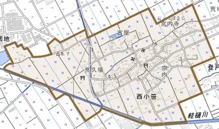 西小笹とその周辺の地図。町の範囲を重ねている
