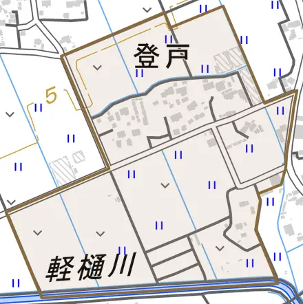 登戸とその周辺の地図。町の範囲を重ねている