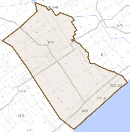 野手とその周辺の地図。町の範囲を重ねている