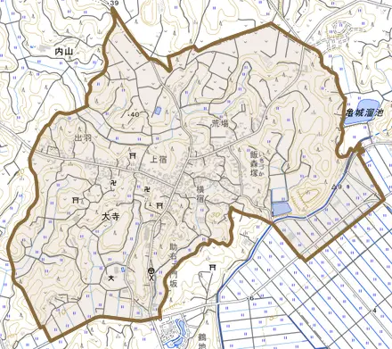 大寺とその周辺の地図。町の範囲を重ねている