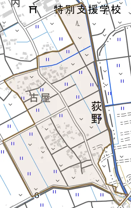 荻野とその周辺の地図。町の範囲を重ねている