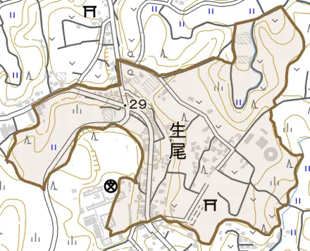 生尾とその周辺の地図。町の範囲を重ねている