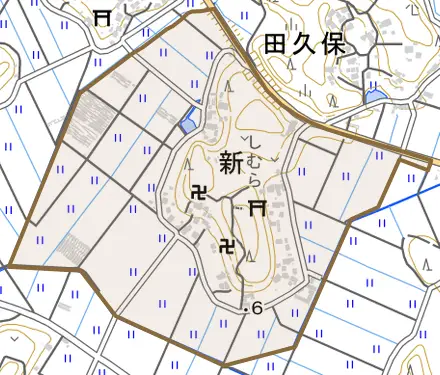新とその周辺の地図。町の範囲を重ねている