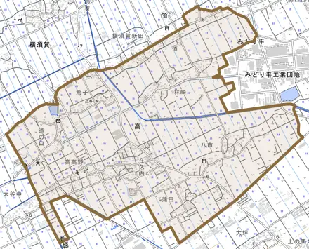 高とその周辺の地図。町の範囲を重ねている