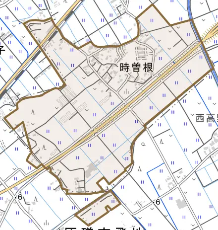 時曽根とその周辺の地図。町の範囲を重ねている