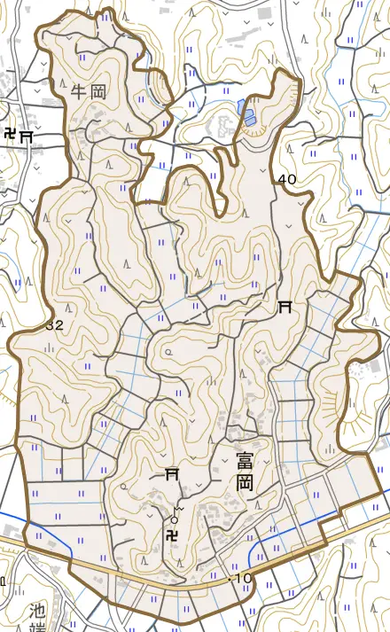 富岡とその周辺の地図。町の範囲を重ねている