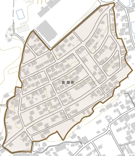 若潮町とその周辺の地図。町の範囲を重ねている