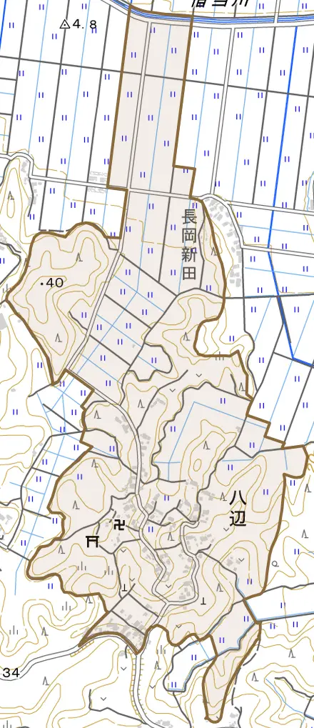 八辺とその周辺の地図。町の範囲を重ねている