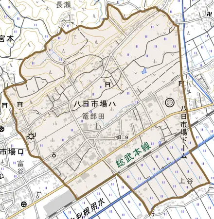八日市場ハとその周辺の地図。町の範囲を重ねている