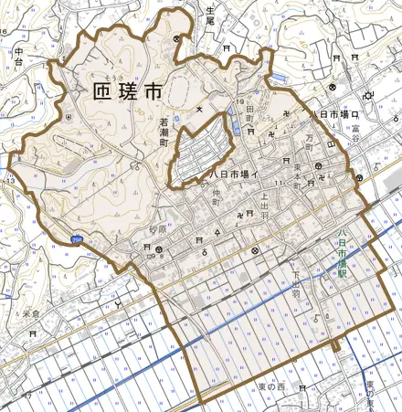 八日市場イとその周辺の地図。町の範囲を重ねている
