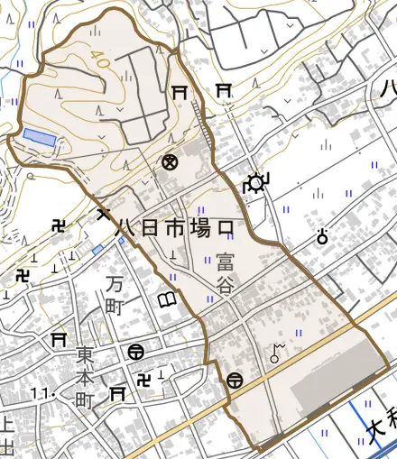 八日市場ロとその周辺の地図。町の範囲を重ねている