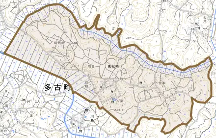 東松崎とその周辺の地図。町の範囲を重ねている