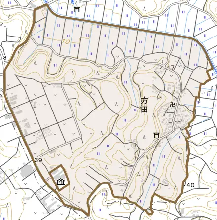 方田とその周辺の地図。町の範囲を重ねている