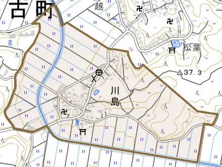 川島とその周辺の地図。町の範囲を重ねている