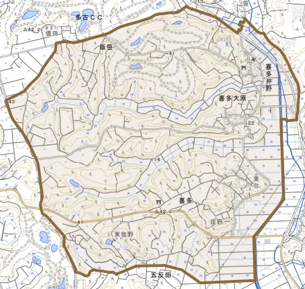 喜多とその周辺の地図。町の範囲を重ねている