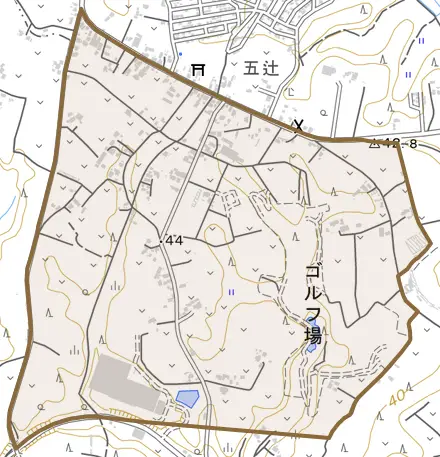 間倉とその周辺の地図。町の範囲を重ねている