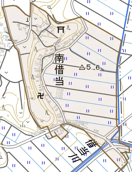 南借当とその周辺の地図。町の範囲を重ねている