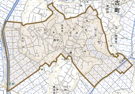 南中とその周辺の地図。町の範囲を重ねている