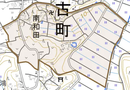 南和田とその周辺の地図。町の範囲を重ねている