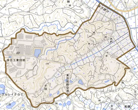 水戸とその周辺の地図。町の範囲を重ねている