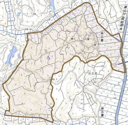 本三倉とその周辺の地図。町の範囲を重ねている