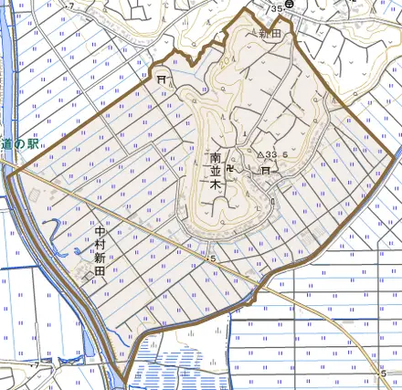 中村新田とその周辺の地図。町の範囲を重ねている