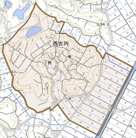西古内とその周辺の地図。町の範囲を重ねている