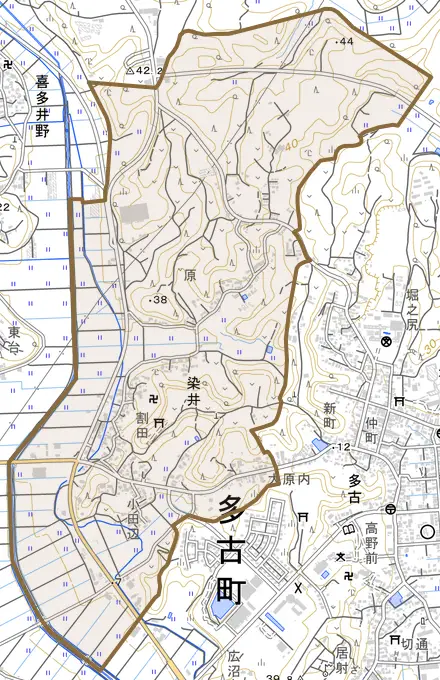 染井とその周辺の地図。町の範囲を重ねている