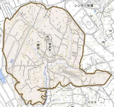 一鍬田とその周辺の地図。町の範囲を重ねている