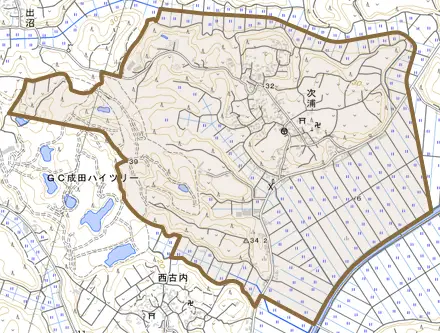 次浦とその周辺の地図。町の範囲を重ねている