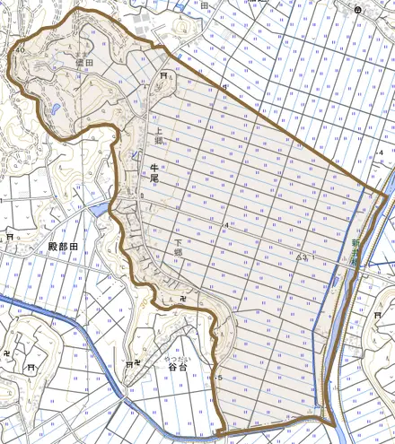 牛尾とその周辺の地図。町の範囲を重ねている