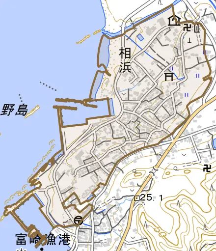 相浜とその周辺の地図。町の範囲を重ねている