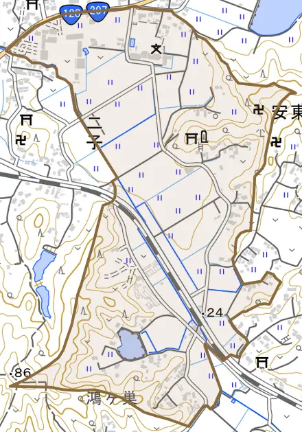 安東とその周辺の地図。町の範囲を重ねている