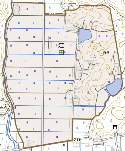 江田とその周辺の地図。町の範囲を重ねている